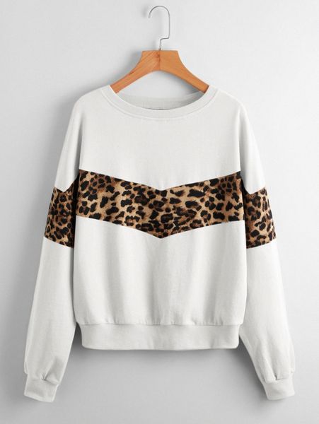 

leopard panel crew neck pullover a1bh#, White;black