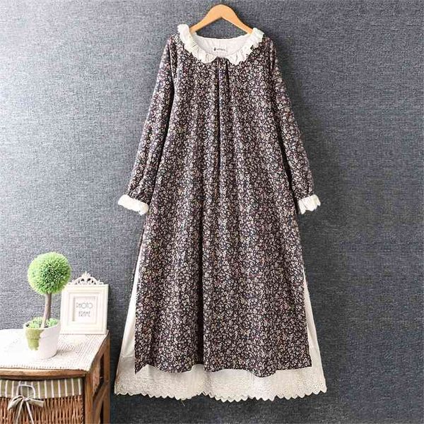 

lamtrip quality vintage japanese style lace peter pan collar long sleeve rustic flowers print cotton layers dress, Black;gray