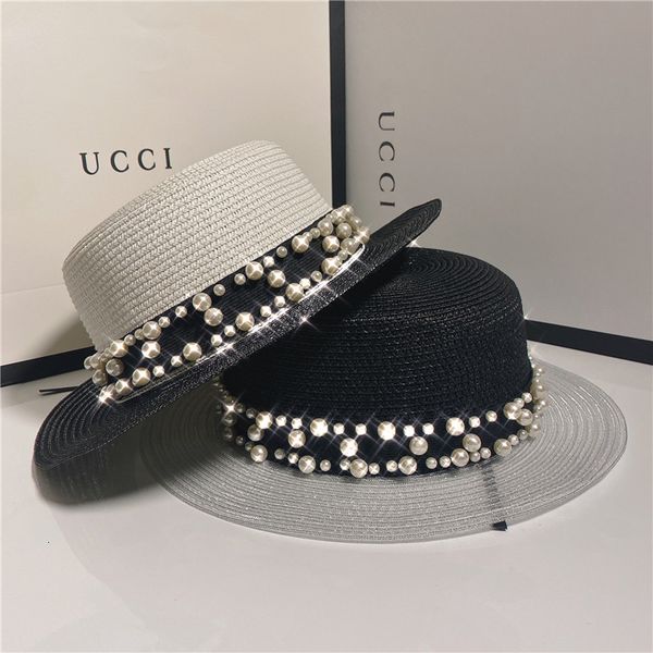

grade women's small fragrance pearl straw mesh flat beach hat sunscreen sun hat, Yellow