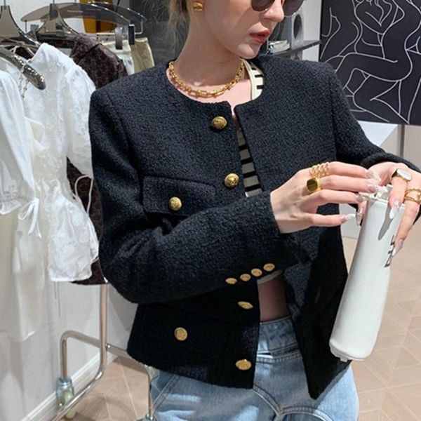 

women's wool & blends loose ladies winter elegant tweed jacket casual solid color vintage single breasted coat warm female clothing aut, Black