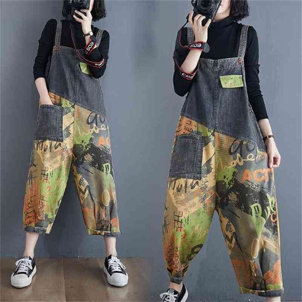 

women's jumpsuits & rompers est women sleeveless graffiti print denim overalls loose patchwork pocket jean pants female macacao j3, Black;white