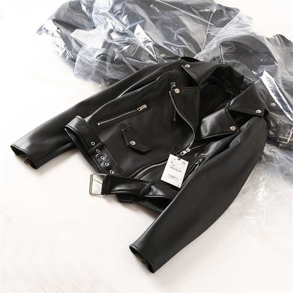 

ailegogo autumn women black pu faux leather jacket streetwear moto biker slim fit turn down collar coat outwear with belt 211215