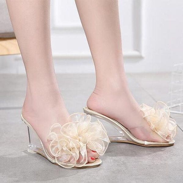 

slippers wedges heel sandals women summer crystal transparent high heels sweet flower slides banquet shoes, Black