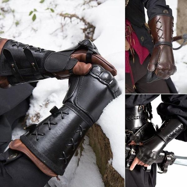 

elbow & knee pads leather arm armor gauntlet wristband wide bracer protector cuff string steampunk bangle buckle bracelet cosplay props righ, Black;gray