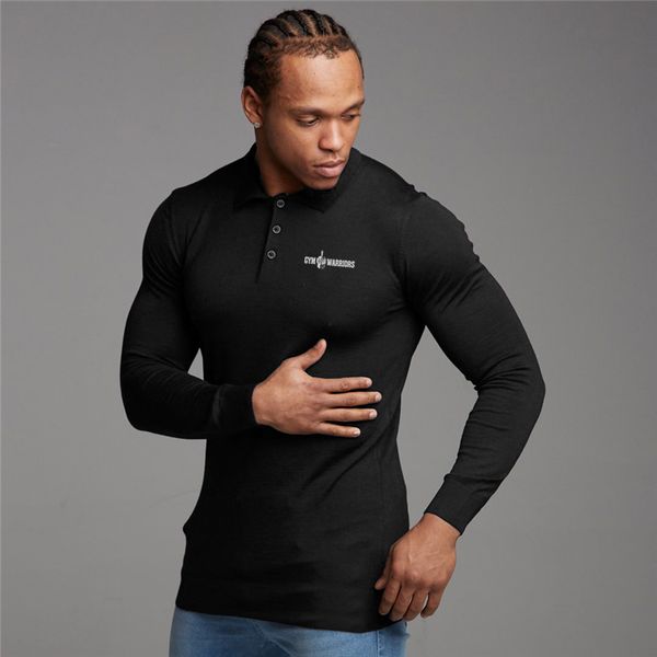 

new autumn solid cotton polo men printed long sleeve polo shirt men fashion slim fit polo fitness mens shirts 210421, White;black