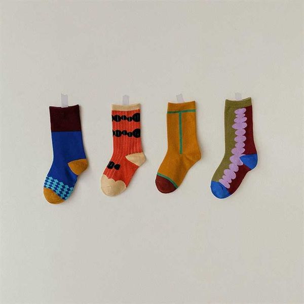

4 pairs/lot 1 to 8 years kids soft cotton socks spring autumn baby boy girl cute cartoon stripe plaid fashion school socks 211028, Pink;yellow