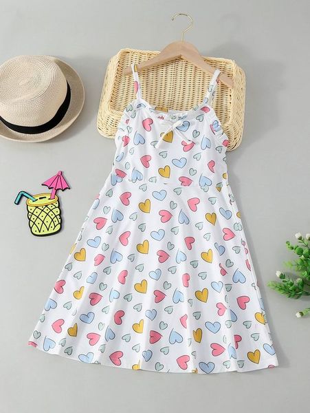 

girls heart print frill trim bow front cami dress she, Red;yellow