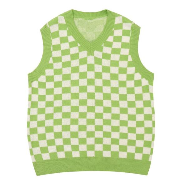 

men's sweaters green white color contrast loose checkerboard knitted vest and women's sleeveless sweater men pullover v neck overs, White;black