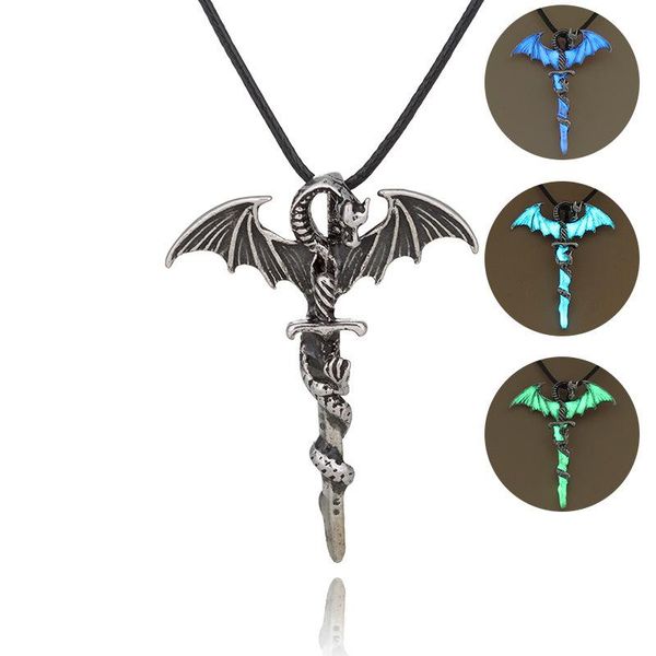 

pendant necklaces european and american fashion luminous necklace, retro cross shape flying dragon jewelry, Silver