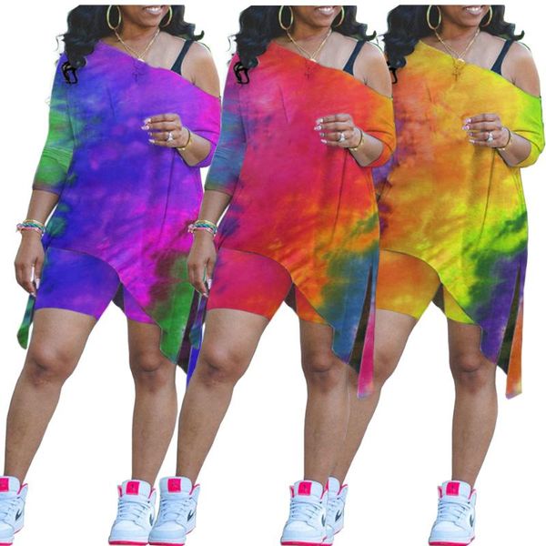 

women's tracksuits fashionable two piece clothing custom slant collar personality tie dye printing irregular split summer casual suit, Gray