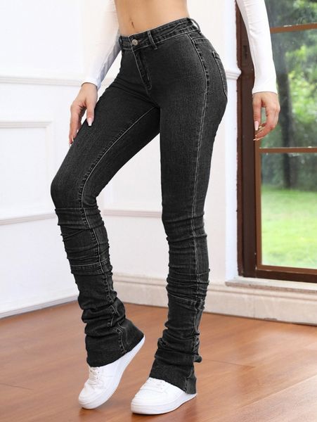 

solid ruched skinny jeans 63l8#, Blue