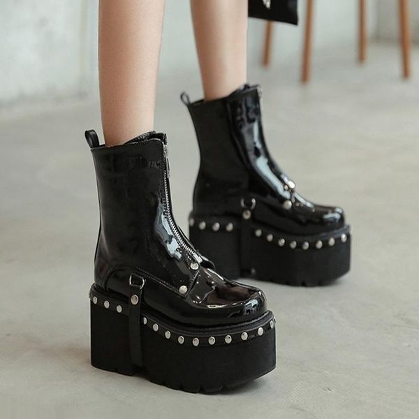 

dress shoes women's boots thick bottom heel round head patent leather rivet short waterproof platform slope high, Black