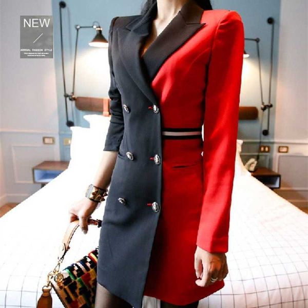 

woman blazer formal dress for work autumn double-breasted black and red patchwork three quarter sleeve pencil dresses 210525, Black;gray