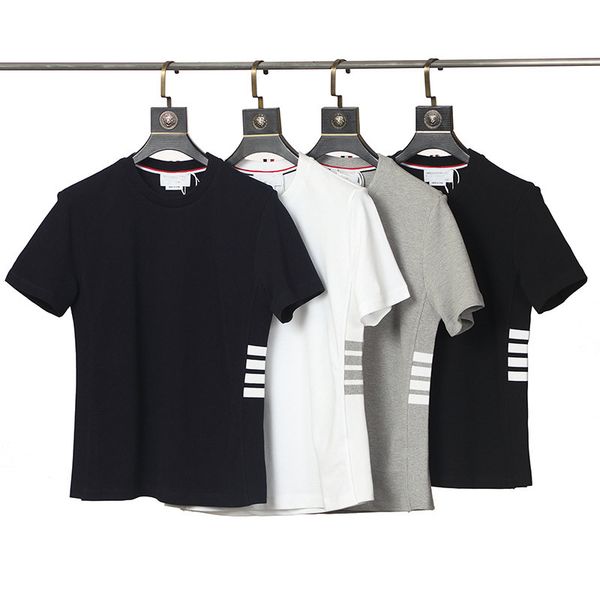 

2021 summer men's and women's fashion short-sleeved t-shirt four bars pure cotton round neck pullover casual bottoming shirt, White;black