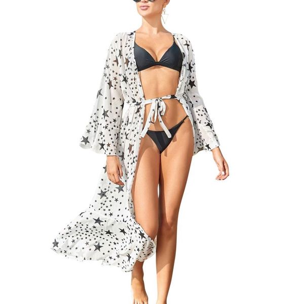 

swimsuit cover up women beach tunic dress robe female fashion long sleeve lace star print wear chiffon covers 2021 women's swimwear, White;black