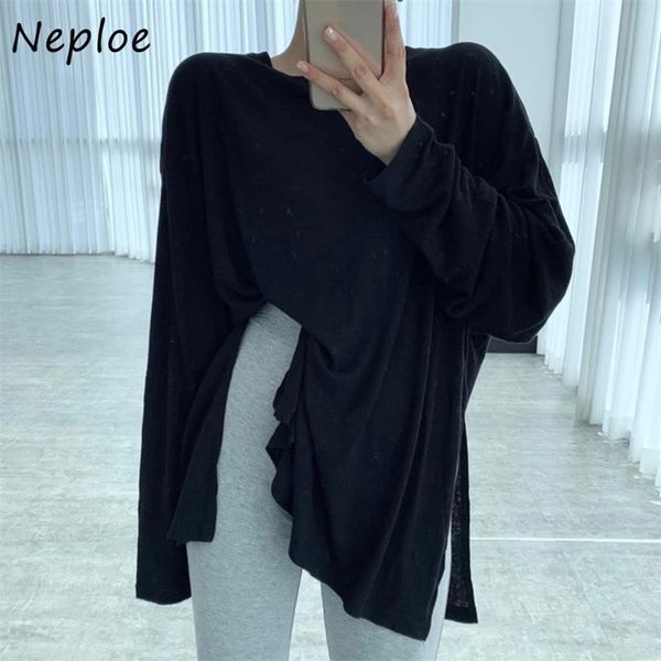 

fashion side split design candy color t shirt women o neck pullover long sleeve solid tees summer loose 210422, White