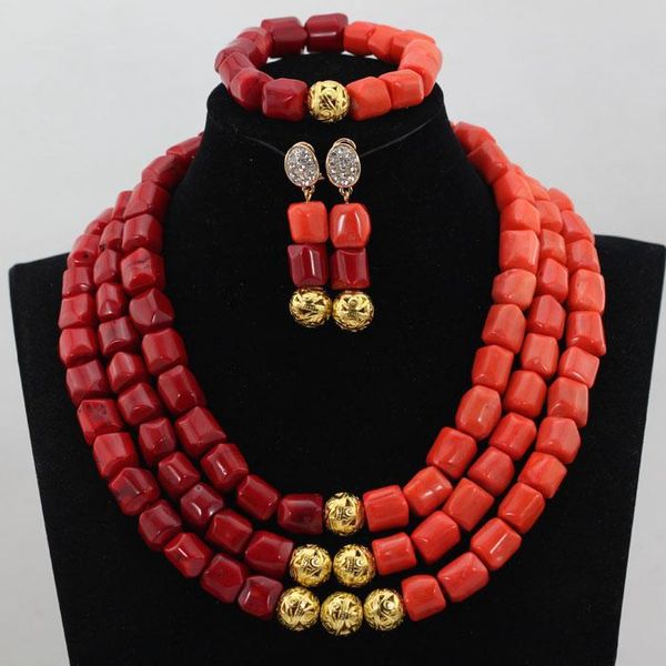 

earrings & necklace romantic 3 steps red coral african wedding beads jewelry sets nigerian bridal jewlery set cnr576, Silver