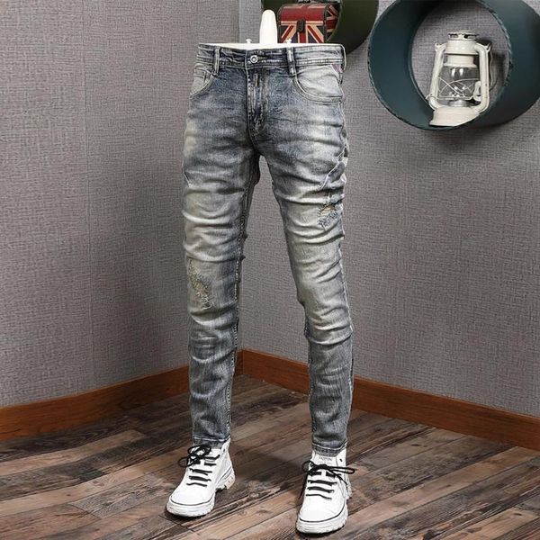 

men's jeans european american vintage fashion men retro wash elastic cotton slim fit ripped distressed designer denim pants, Blue