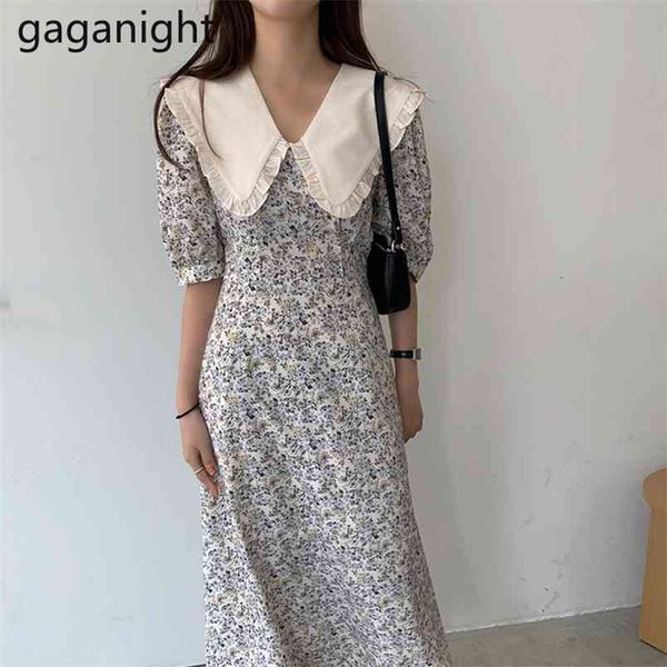

women chiffon dress summer retro floral print peter pan collar boho french short sleeve ladies midi es 210601, Black;gray