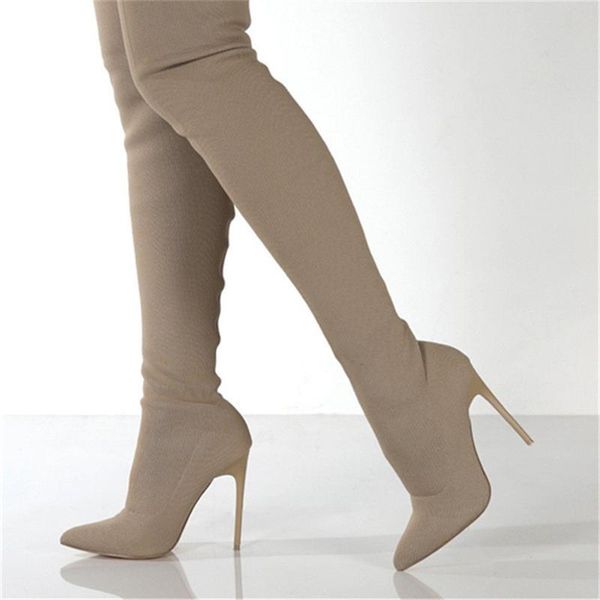 

boots women high heels over the knee pointed toe thin heel shoes slip on party club winter ladies footwear stilettos 36-43, Black