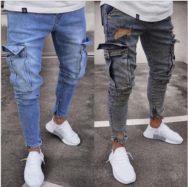 

men's jeans fashion summer mens retro cargo denim vintage acid washed faded multi-pockets military style biker pencil pants men, Blue