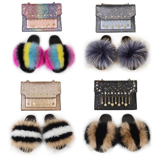 

slippers women's real fur slides girl's fluffy female luxury home shoes ladies furry flat sandals tassel chain bags sets, Black