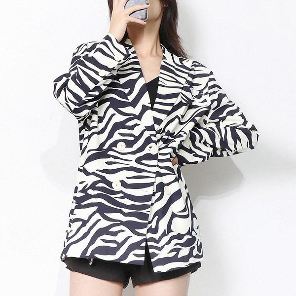 

women's suits & blazers [ewq] fashion chic striped contrast autumn 2021 loose lapel double breasted suit jacket female tide 16r454, White;black