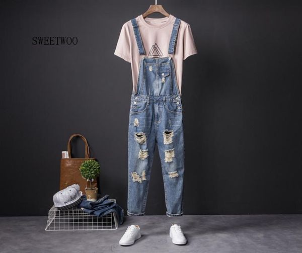 

men's fashion hole jeans nine points men and women wear trendy overalls denim bib xl, Blue