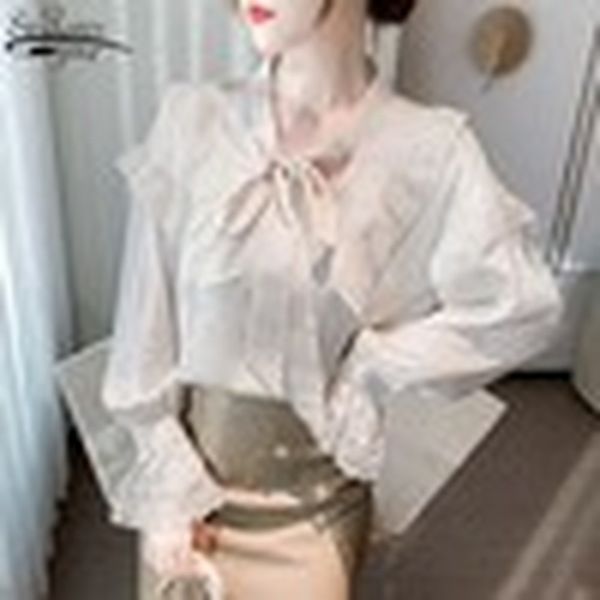 

spring summer lace ruffled trumpet sleeve hong kong style retro chiffon shirts women strappy shirt woman's blouses 13210 210521, White