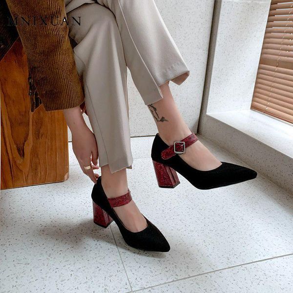 

dress shoes mnixuan nigeria black suede block heels shoe spring 2021 arrival pointed strap high mary jane snake