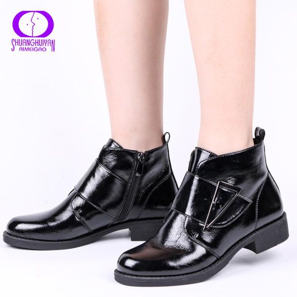 

autumn winter casual patent leather ankle boots women zipper metal decoration shoes round toe square heel, Black