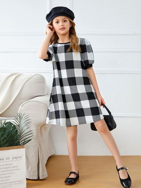 

girls buffalo print puff sleeve dress she, Red;yellow