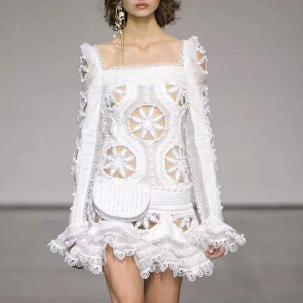 

casual dresses fashion tide women hollow out lace patchwork full flare sleeve ruffle dress spring summer square collar clothes ba272, Black;gray