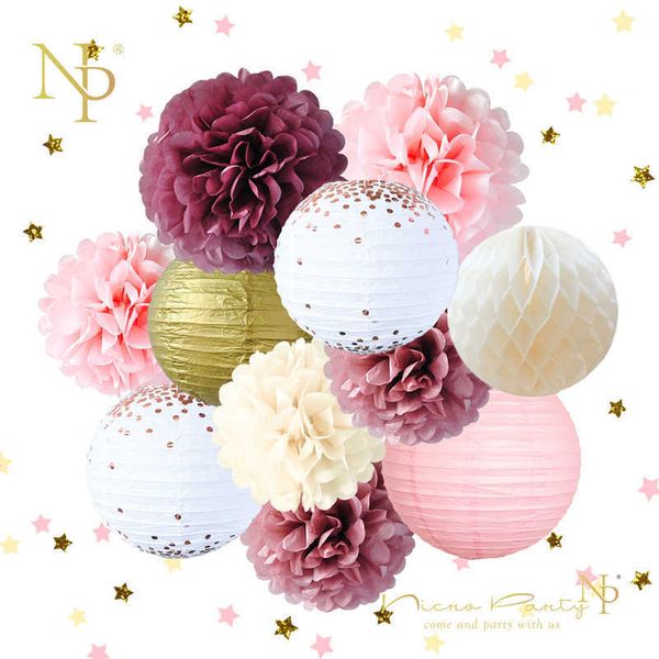 Nicro 12 Pçs / conjunto de decoração de festa de aniversário de casamento Decoração Diy Decoração de papel favo de mel lanterna flor pompom # set45 211018