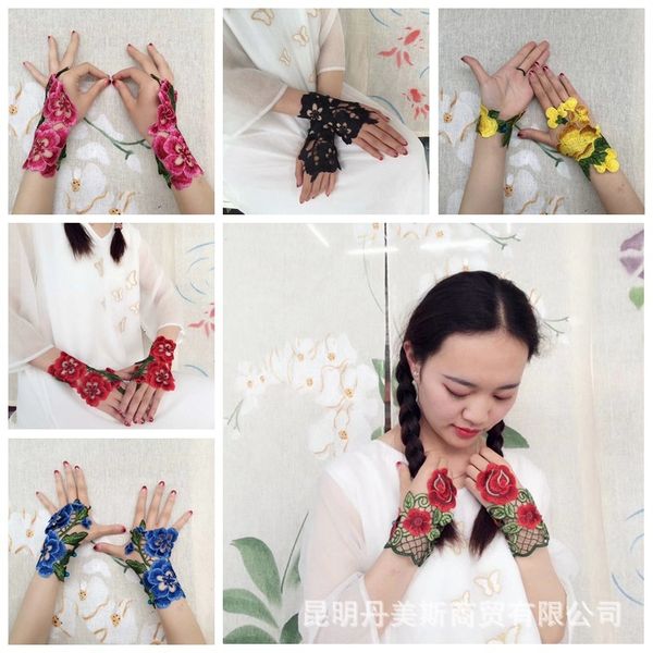 

gloves national style embroidered wrist guard women' fashion thin, Blue;gray