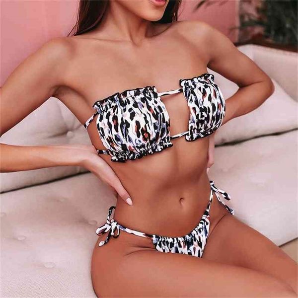 

2021 pleated leopard push up bandeau swimsuit female bikinis hollow swimwear bathing suit women thong bikini swimming 210319, White;black