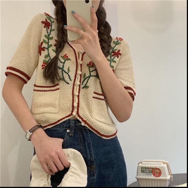 

summer leisure feminine embroidery womens sweaters flowers sweet retro short sleeves chic thin knitted casual sweater, White;black