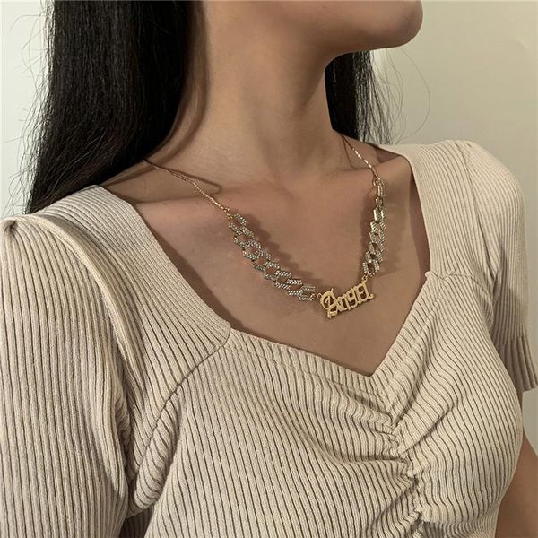 

hip hop bling crystal rhinestone angel letter pendant necklace for women cuban link choker charm necklaces jewelry gift, Silver