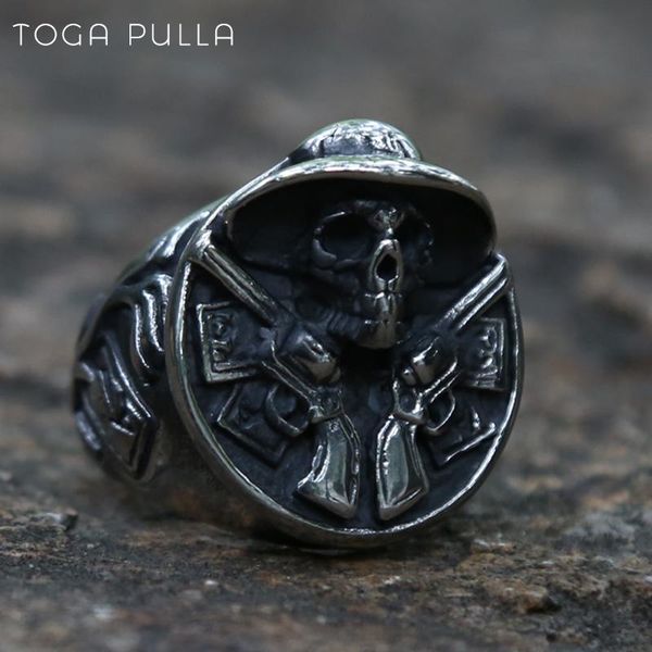 

cluster rings vintage huge fashion boys mens skull heavy 316l stainless steel punk gothic double guns big ring male biker jewelry, Golden;silver