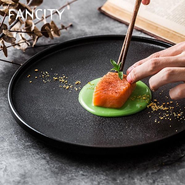 

black ceramic retro steak plate simple frosted restaurant western dish and elegant flat dishes & plates
