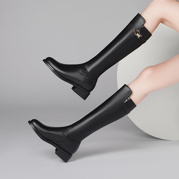 

boots women 2021 arrival fashion knee high round toe square heels genuine leather shoes woman party, Black