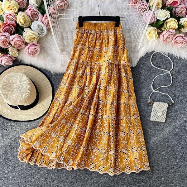 

summer hollow out embroidered womens skirts vintage high elastic waist yellow white lace solid midi bohemian fashion, Black