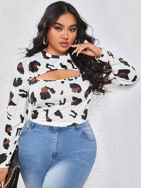 

plus leopard print cut out tee a6fj#, Black