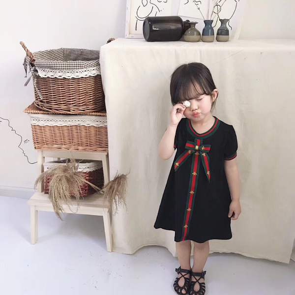 

baby girls designer dress children letter print clothing cute bowtie toddler kids short sleeve dress for girl clothes, Red;yellow