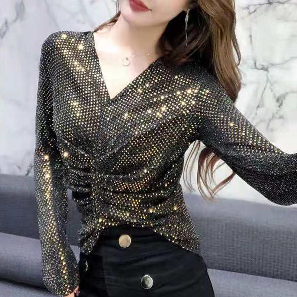 

women's blouses & shirts lucyever fashion sequin women blouse v-neck long sleeve slim fit female golden glitter club woman 2021, White