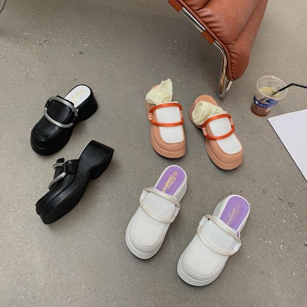 

slippers low house platform rubber pu hoof heels basic, Black