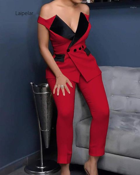 

two piece dress laipelar 2021 women fashion jumpsuit off shoulder notched collar buttoned blazer & pants sets, White