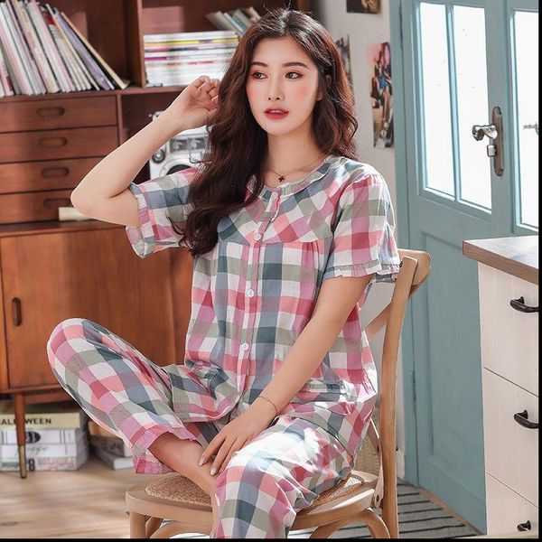 

pajamas set summer mom women sleepwear flower cotton pyjamas 2piece long pants short shirt big size pregnant home, Black;red