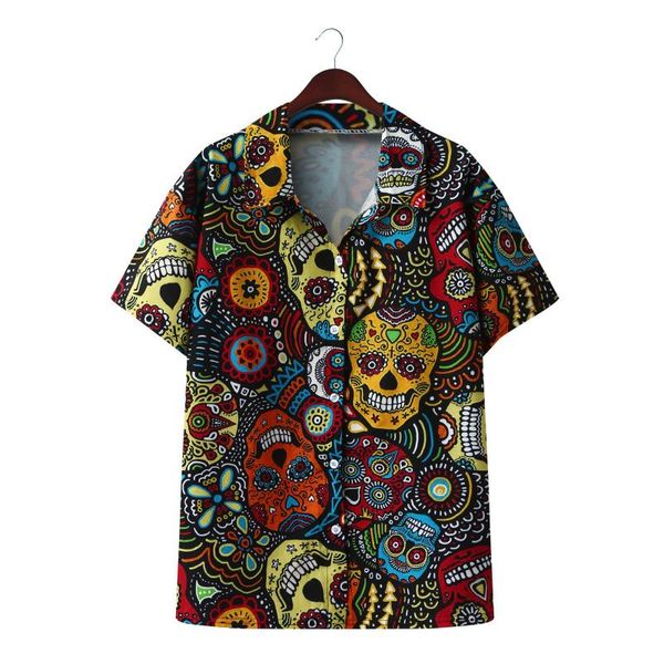 

men's casual shirts skull rose print men short sleeve v neck skeleton beach hawaiian blouse chemise homme 2021, White;black