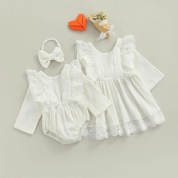 

family matching outfits baby girl romper / lace dress, little sisters long sleeve round neck clothes for fall casual party, white, Blue